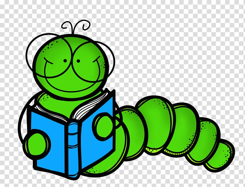 A cheerful green caterpillar with glasses reads a blue book, smiling happily.