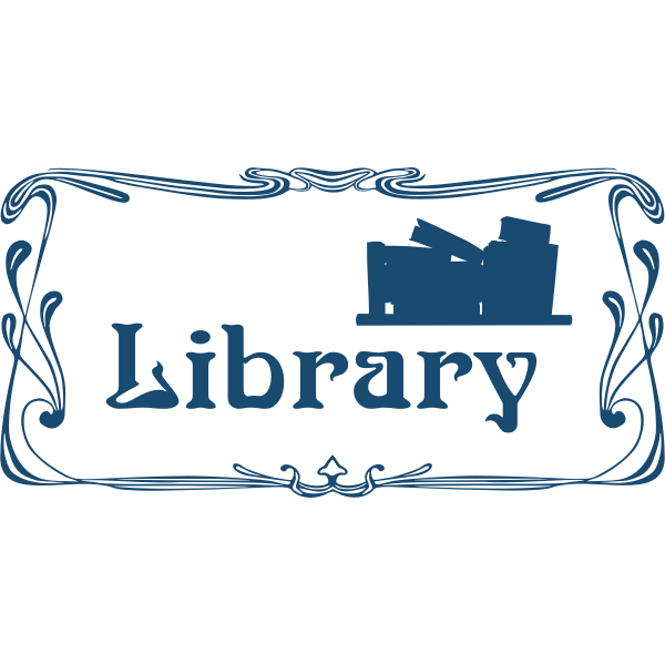 Decorative blue logo with the word "Library" in ornate script, framed by floral swirls and a bookshelf icon.