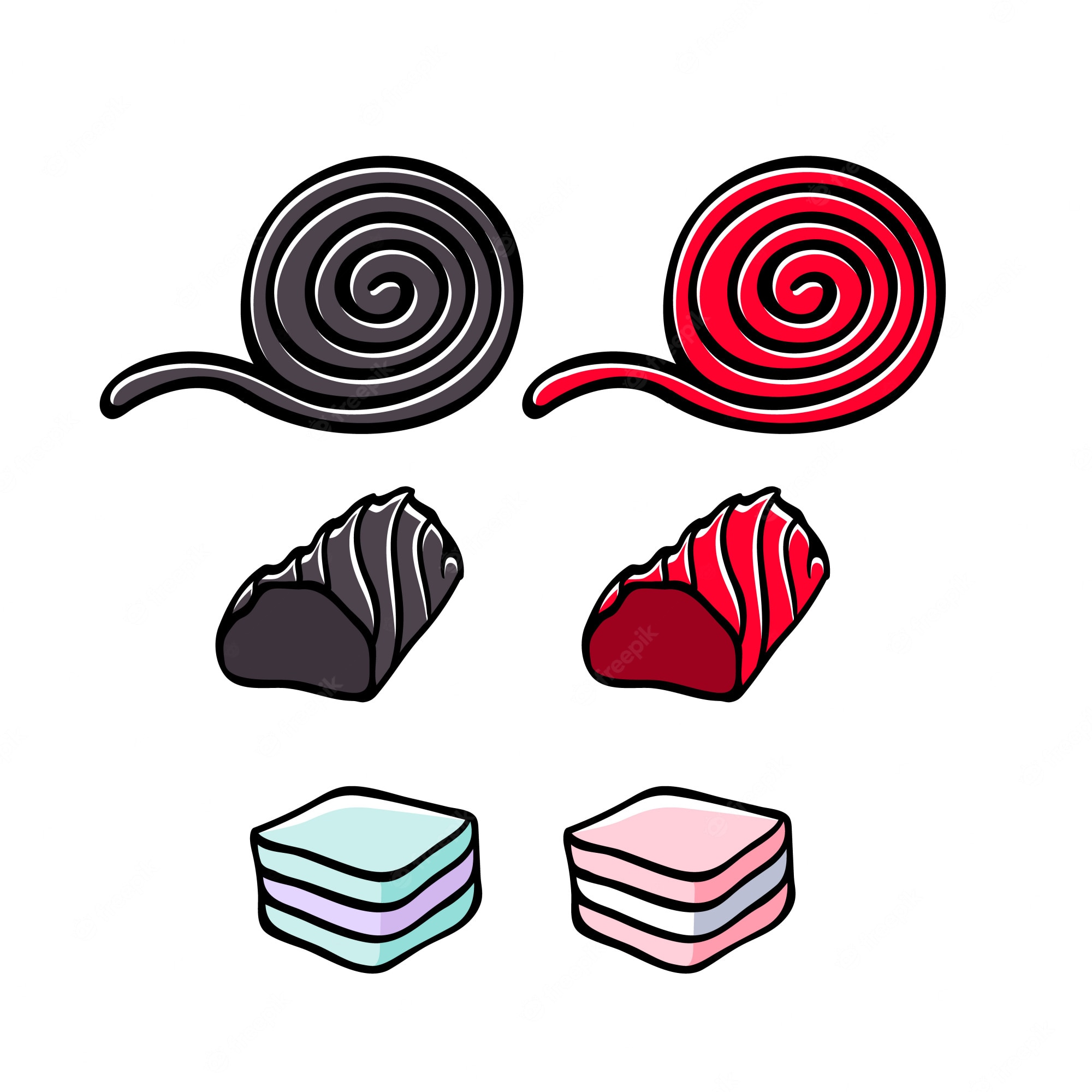 Six illustrated candies: black and red licorice wheels, striped dark and red chocolates, and layered pastel square sweets.