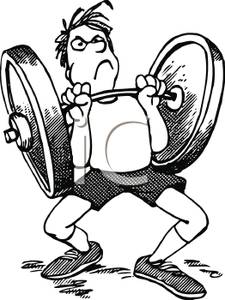 A cartoon man straining to lift a heavy barbell with large weight plates, showing effort and determination.