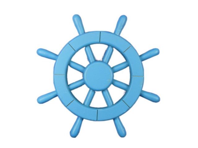 Light blue decorative ship's wheel with eight spokes and segmented rim, isolated on white background.