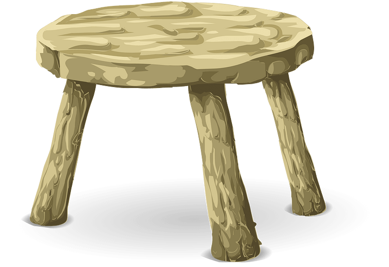 Rustic wooden three-legged stool with textured seat and natural grain legs, set against green background.