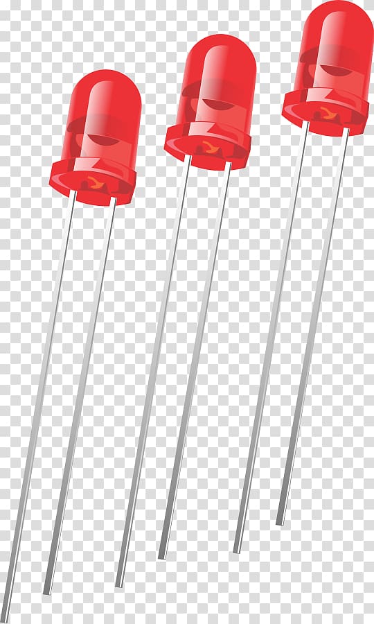 Three red LED diodes with metallic leads on transparent background