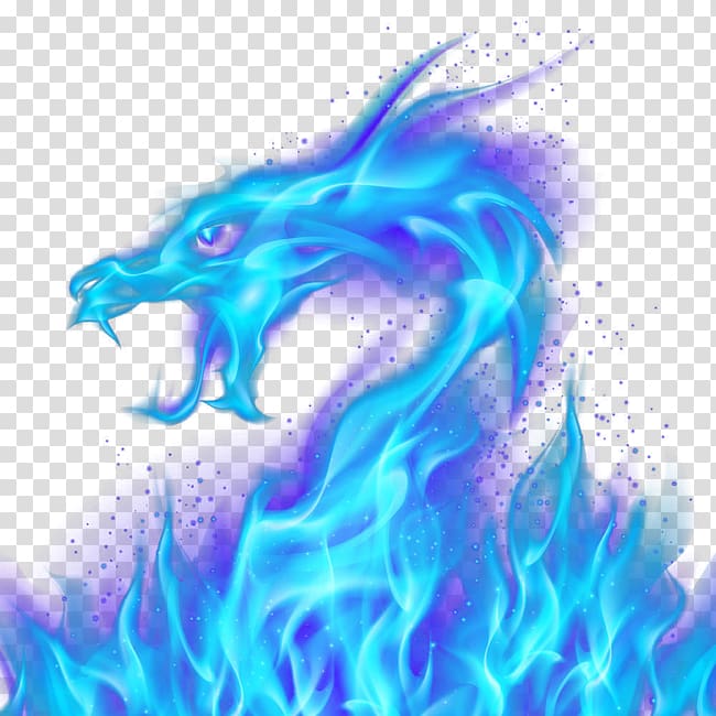 A mystical blue and purple flame dragon with glowing eyes and ethereal particles, depicted in dynamic motion against a transparent background.