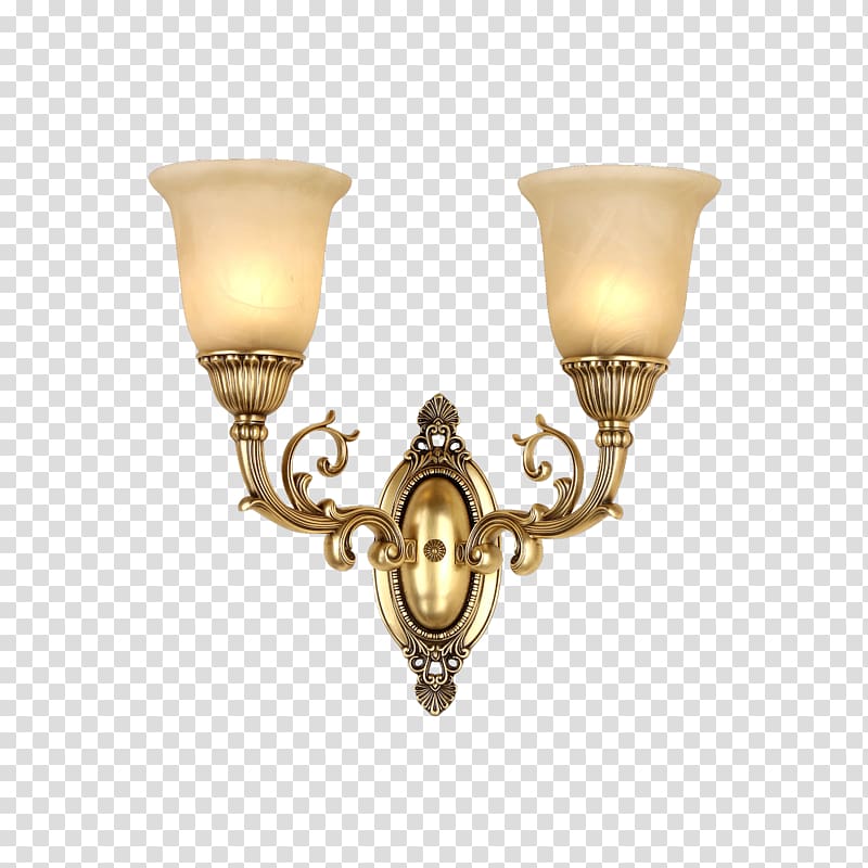 Ornate gold-finished double-arm wall sconce with frosted glass shades and scrollwork detailing.