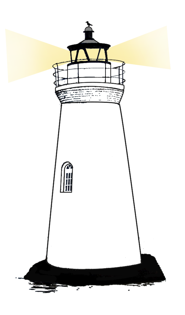 Stylized illustration of a white conical lighthouse with arched window and lantern room against a pale yellow sky.