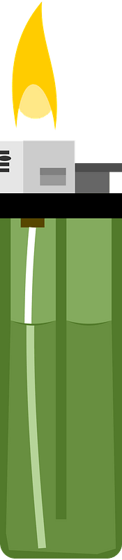 Green disposable lighter with yellow flame ignited, cartoon-style illustration.
