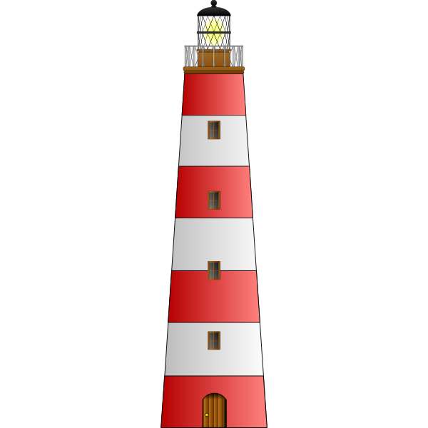 Red and white striped lighthouse with glowing lantern, wooden door, and windows against black background.