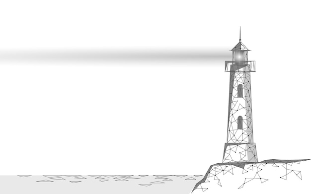 Geometric wireframe lighthouse on rocky shore with beam of light, monochrome vector illustration.