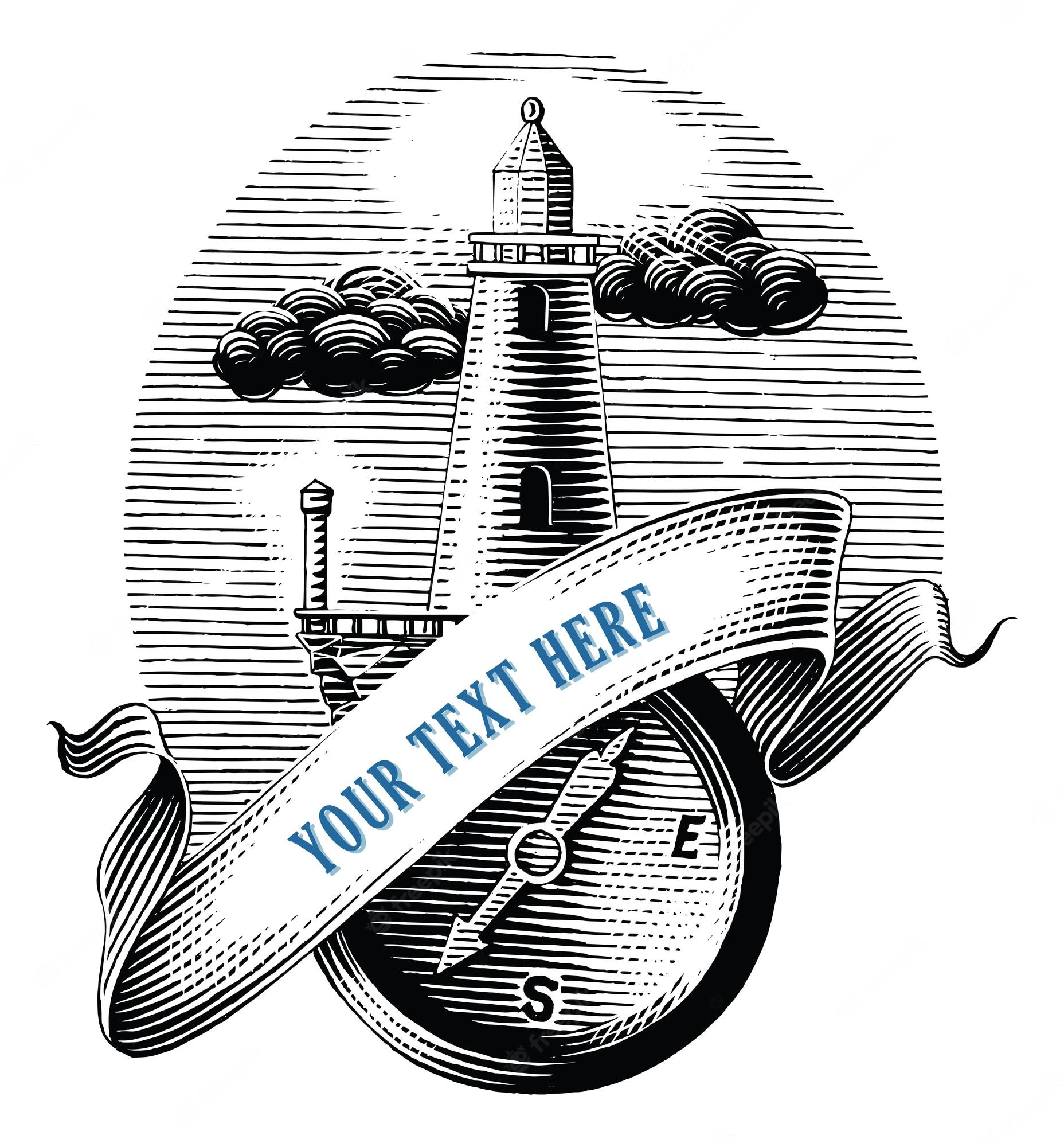 Vintage woodcut-style lighthouse with compass and banner reading "YOUR TEXT HERE", flanked by clouds and striped background.