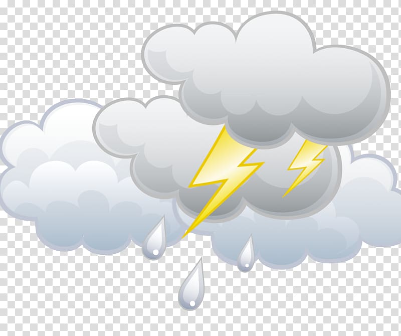 Storm cloud with yellow lightning bolts and raindrops falling from gray clouds on transparent background.