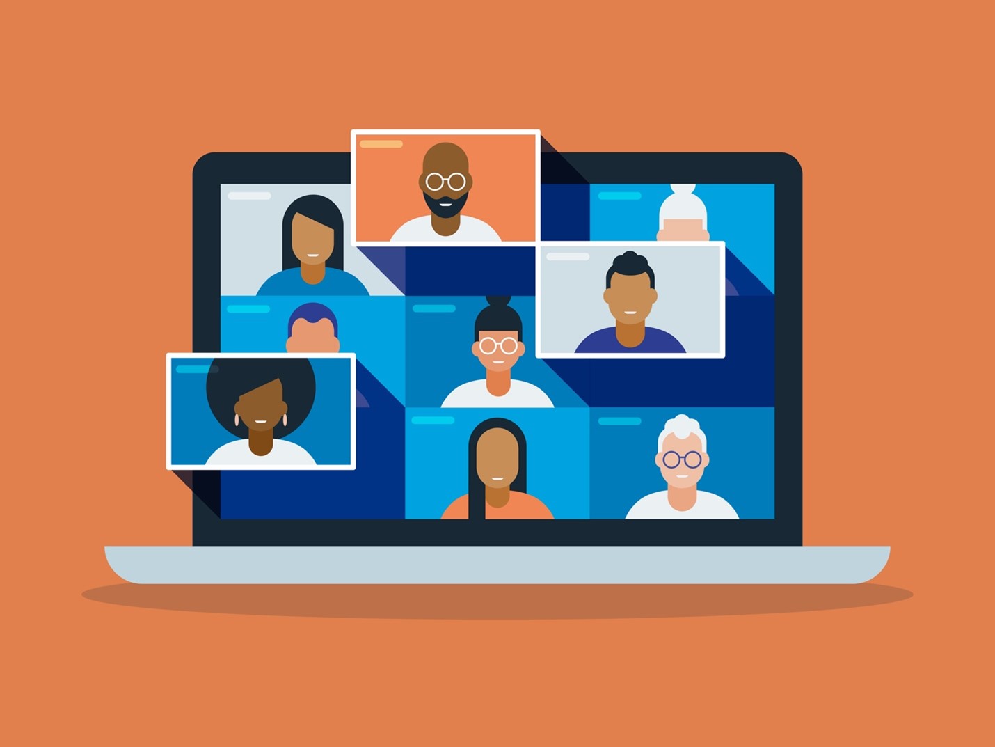 Laptop screen displaying a diverse group of people in a virtual video conference meeting.