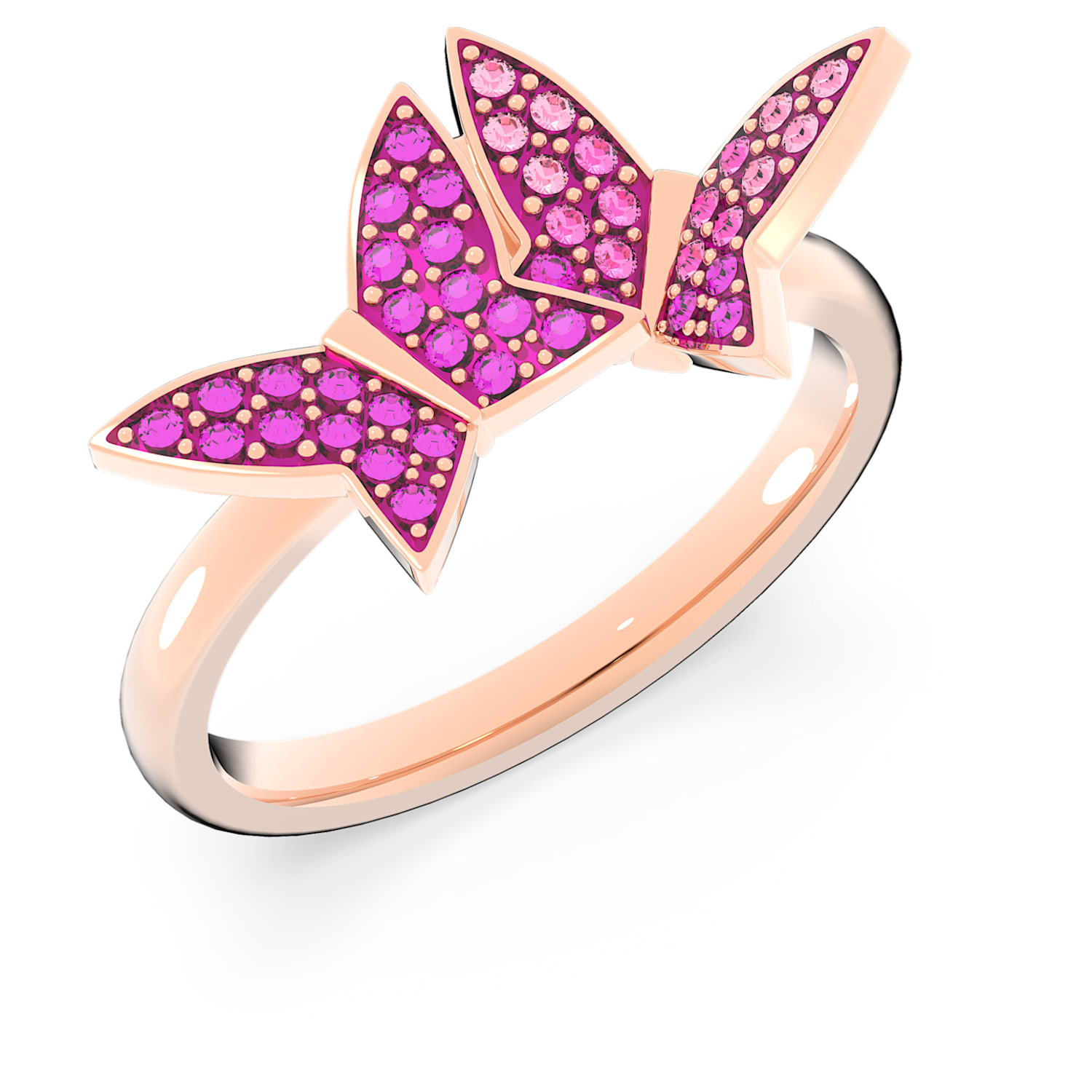 Rose gold butterfly ring adorned with vibrant pink and magenta crystals in a pavé setting.