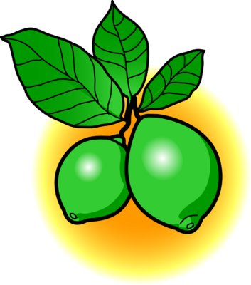 Two vibrant green limes with fresh leaves on a yellow-orange circular background.