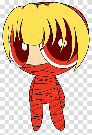 Chibi-style anime character with blonde hair, large red eyes, and wrapped in red bandages like a mummy.