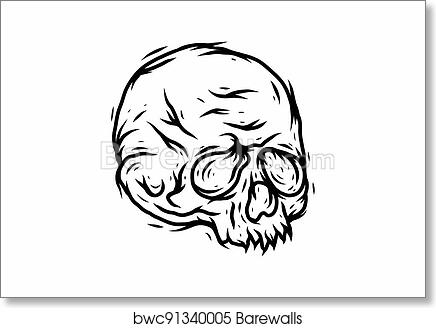 Hand-drawn black-and-white skull illustration with expressive, stylized features and rough linework.