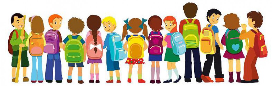 Diverse group of smiling children with colorful backpacks standing in a line, viewed from behind and side.