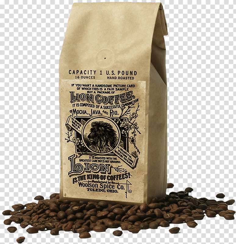 Vintage Lion Coffee bag with hand-roasted beans, 1 lb capacity, by Woolson Spice Co., Toledo, Ohio.