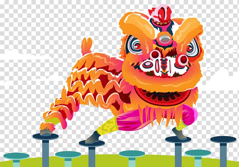 Vibrant Chinese lion dance performer balancing on stools in traditional costume with orange fur and expressive face.