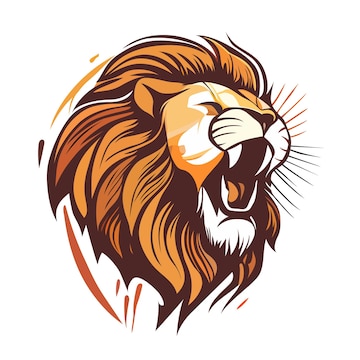 Fierce roaring lion head illustration with vibrant orange and brown mane, stylized dynamic lines and expressive features.