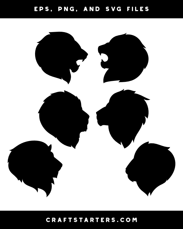Six black lion head silhouettes in various poses-roaring, profile, and frontal-on white background; vector clipart set.