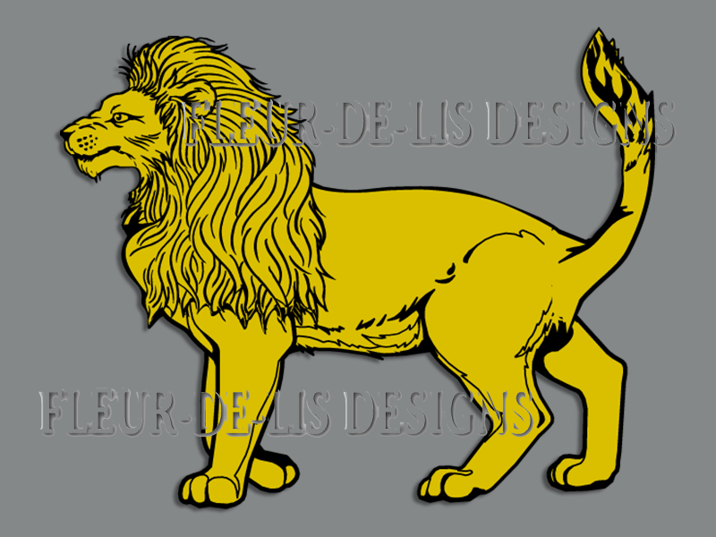 Golden heraldic lion rampant with detailed mane and raised tail, stylized for coat of arms or logo design.