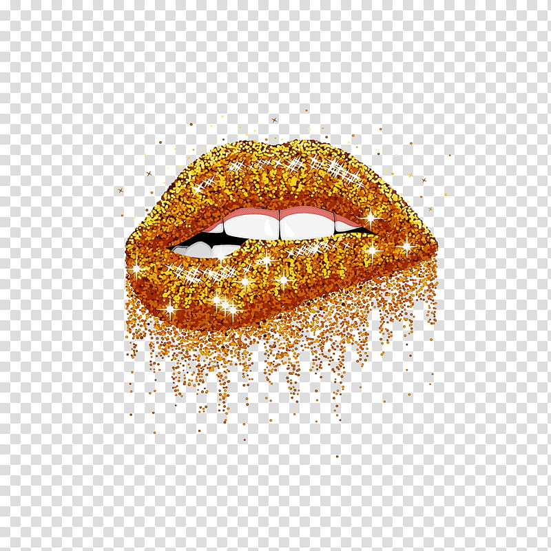 Glittering golden lips with sparkling particles and dripping effect on transparent background.