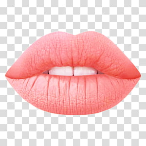 Close-up of natural pink lips with subtle texture and parted slightly to reveal teeth, on transparent background.