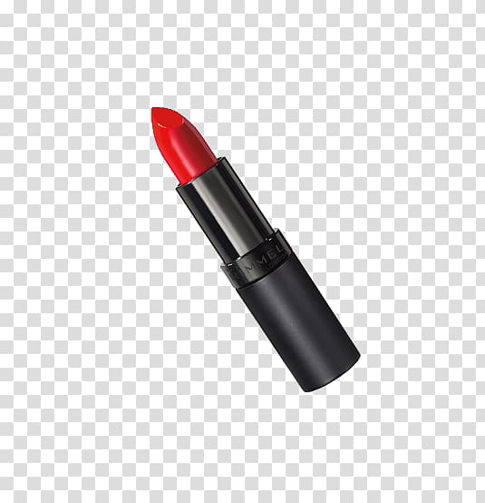 Rimmel London red lipstick with black matte tube, cap off, vibrant color visible against transparent background.