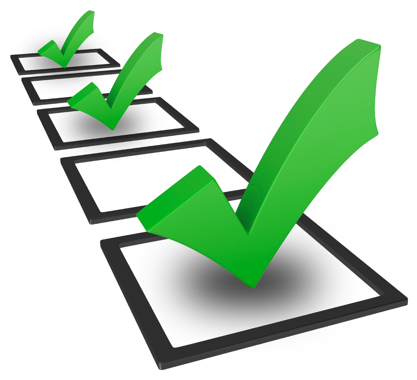 Five black checkboxes in a diagonal row, three marked with vibrant green 3D checkmarks on transparent background.