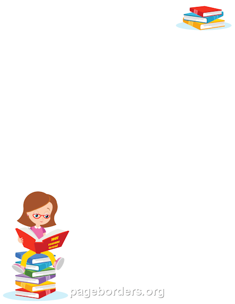 A girl with glasses sits on a stack of colorful books reading, with another book stack in the top right corner.