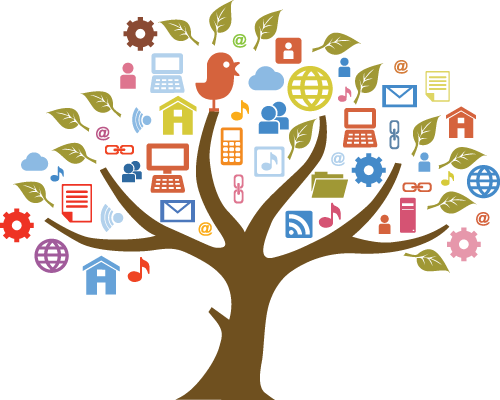 A stylized tree with colorful digital icons like laptops, clouds, music notes, and social symbols on its branches and leaves.