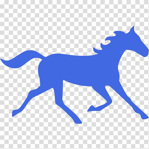 Blue silhouette of a galloping horse on transparent background.