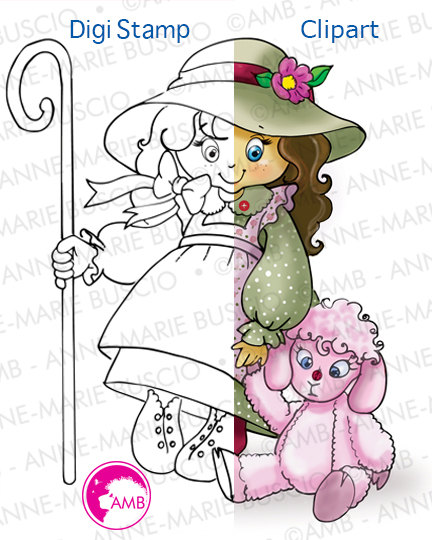 Half-lineart, half-colored illustration of a girl in a hat with a shepherd’s crook and pink poodle, by Anne-Marie Bussiero.