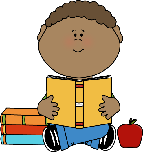 A smiling child with curly hair sits cross-legged, reading a yellow book, with stacked books and a red apple nearby.