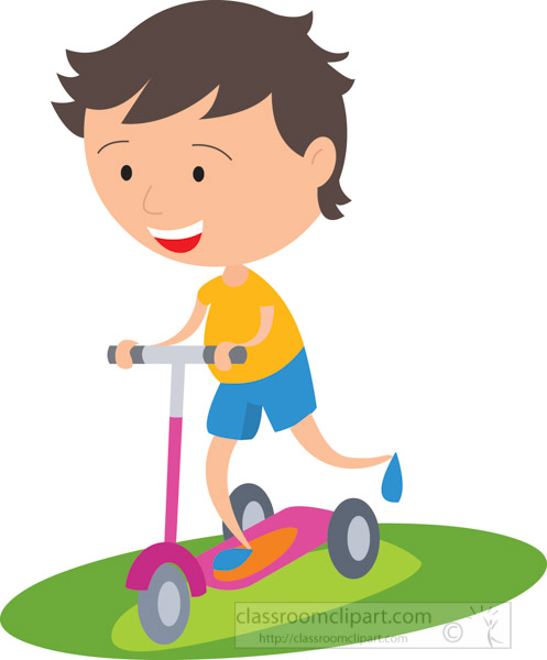 Happy boy riding a pink scooter on grass, smiling with joy.