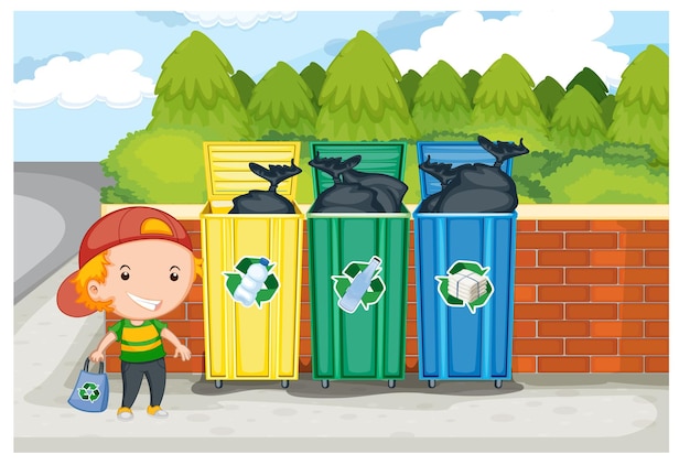 A smiling child with a recycling bag stands beside three color-coded recycling bins (yellow, green, blue) filled with waste bags.