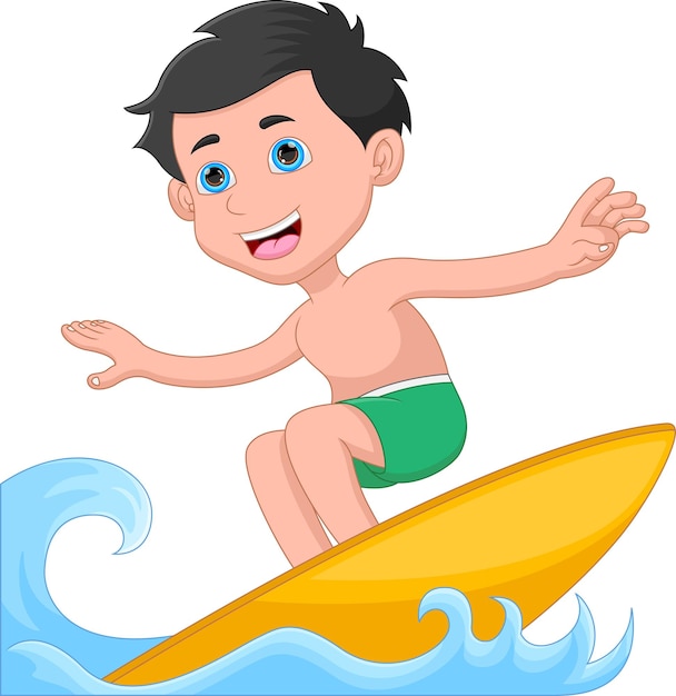 Happy cartoon boy surfing on a yellow surfboard with blue waves.