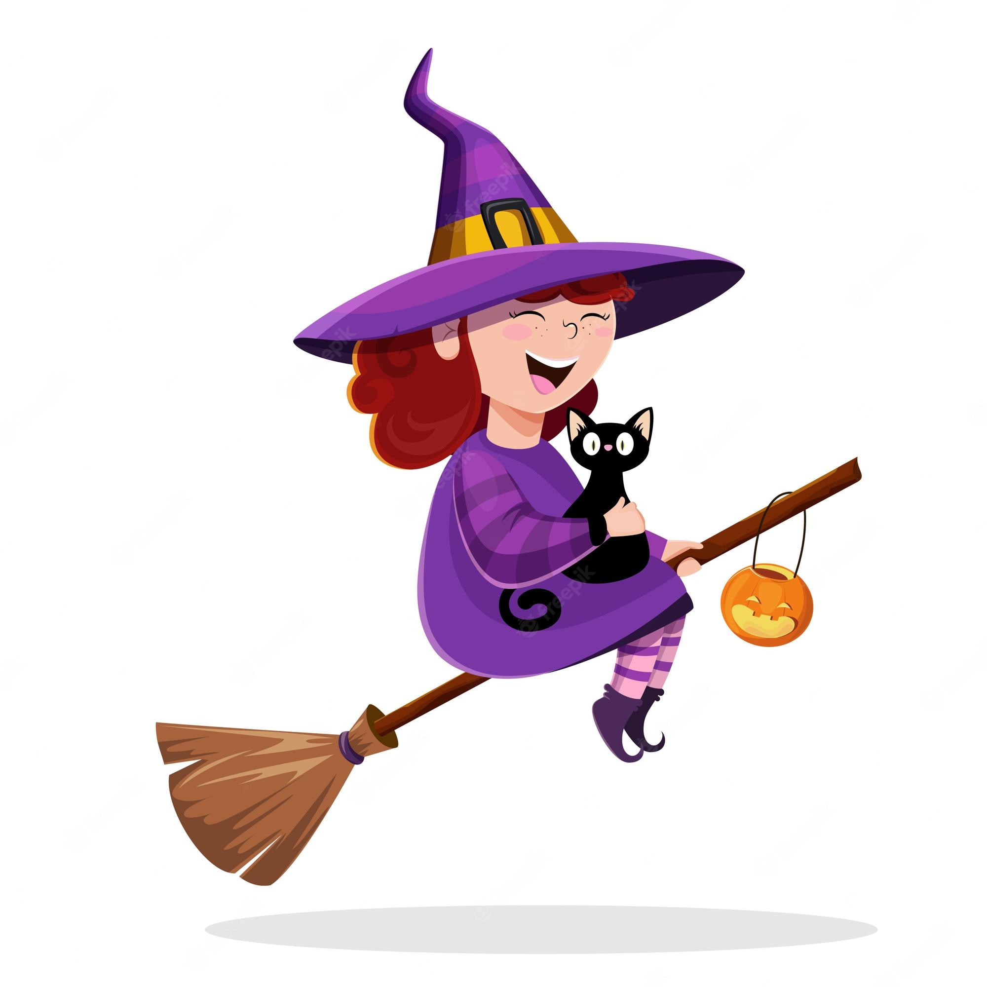 Cute Halloween Witch Flying On Broom With Cat Free Vector Cute Halloween Witch Flying On Broom With Cat Free Vector