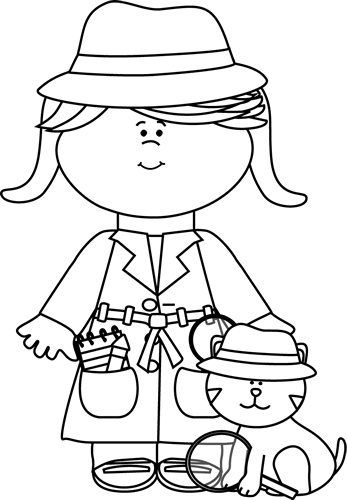 A cartoon girl detective in a trench coat and fedora, holding a notepad, with a cat sidekick wearing a matching hat and holding a magnifying glass.