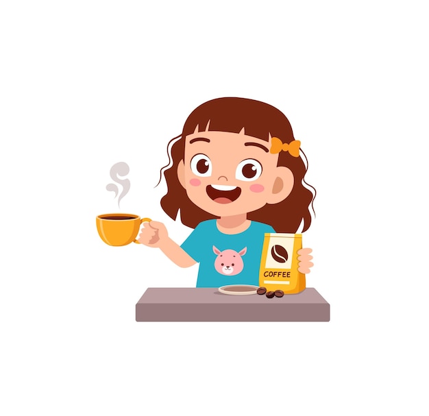 Happy cartoon girl holding steaming coffee cup and coffee bag, smiling at desk.