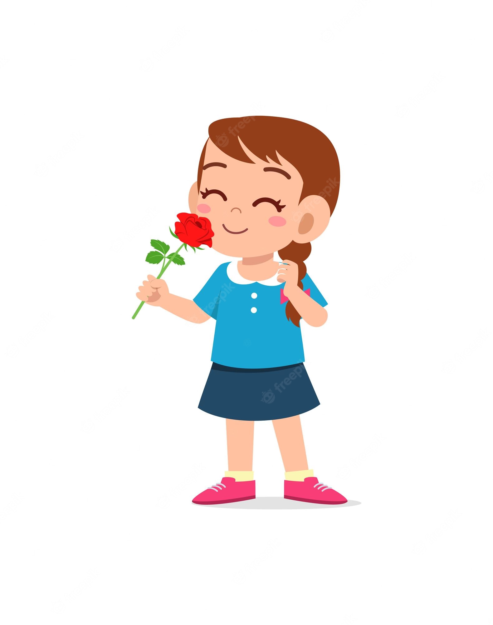 Premium Vector | Little girl holding flower and sniff the scent - Clip ...