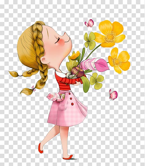 Happy Girl with Spring Flowers - Free PNG Illustration