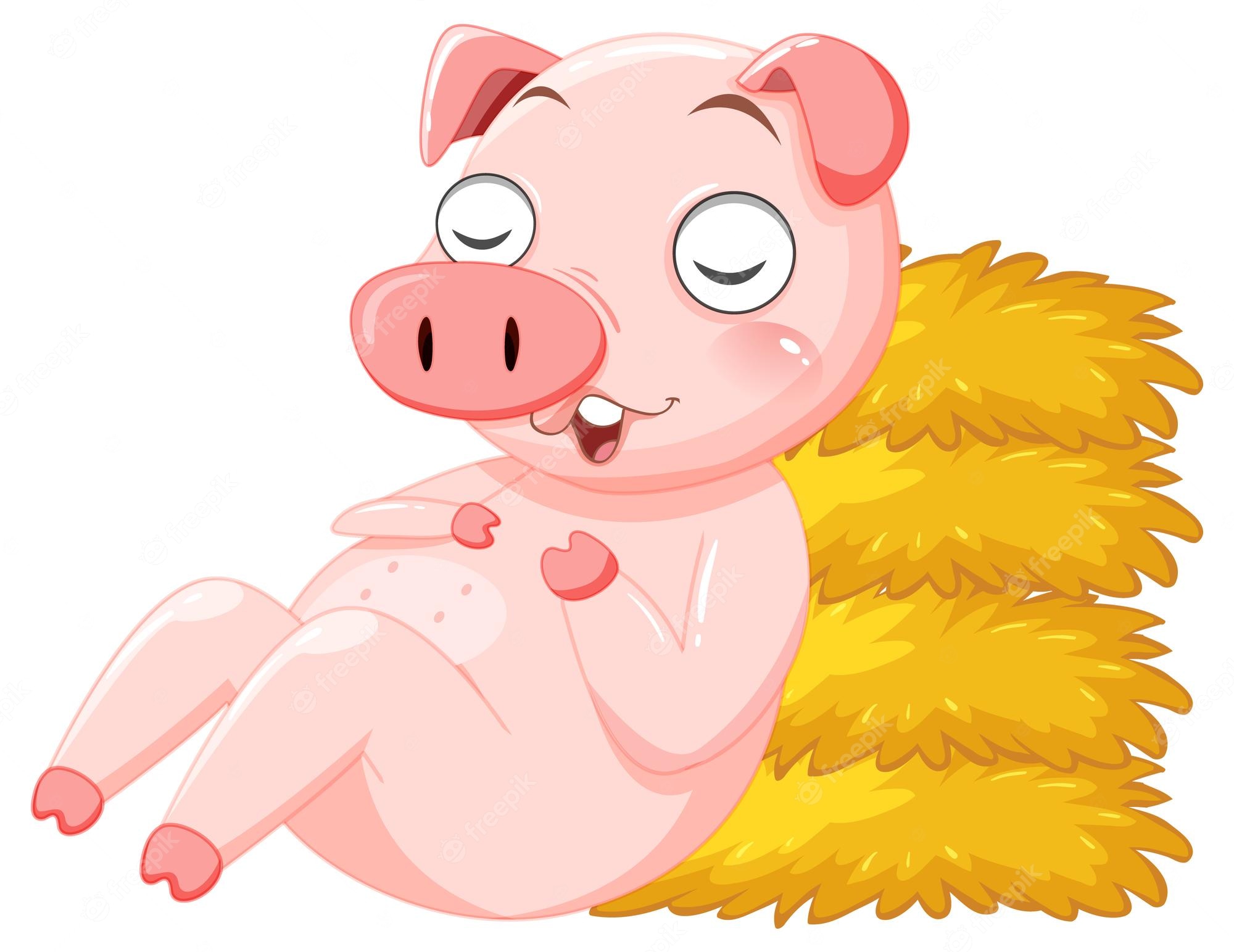 A cheerful cartoon pig lying on a hay bale with closed eyes and a happy smile.