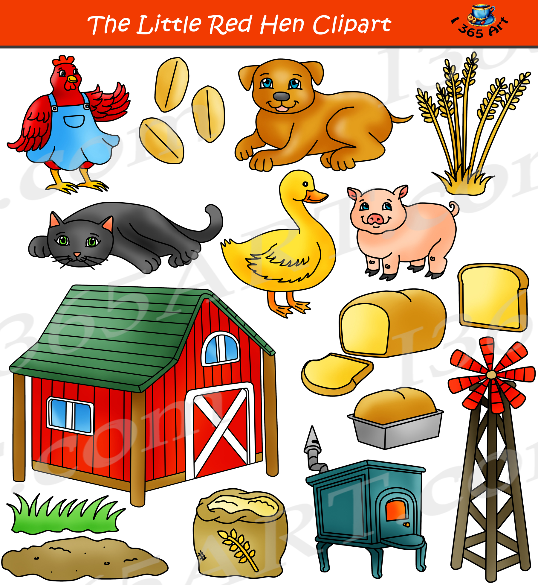 Clipart set for "The Little Red Hen" story featuring characters, farm items, bread, and tools.