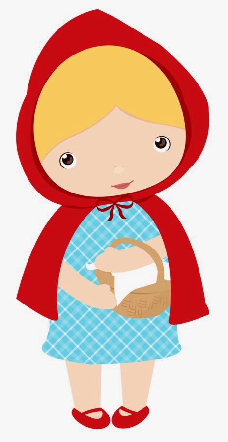 Little Red Riding Hood cartoon girl with blonde hair, blue dress, red hooded cloak, holding a woven basket.