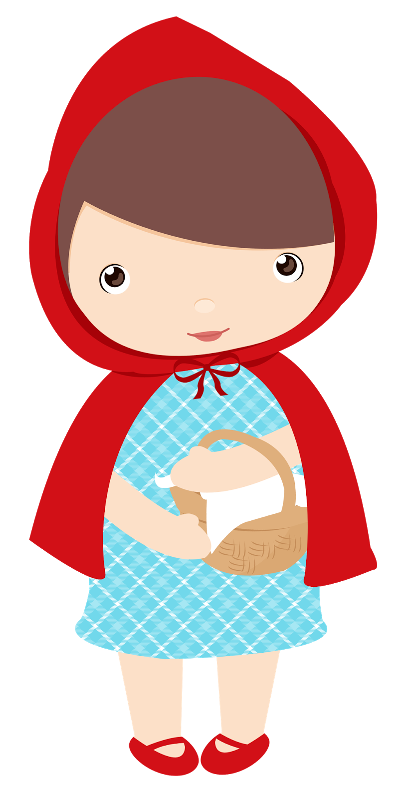 Little Red Riding Hood cartoon girl in red hooded cloak holding a wicker basket with white cloth inside.