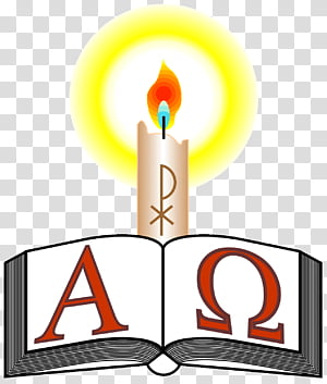 Open Bible with Alpha and Omega letters, lit candle bearing Chi-Rho symbol, and radiant halo above.