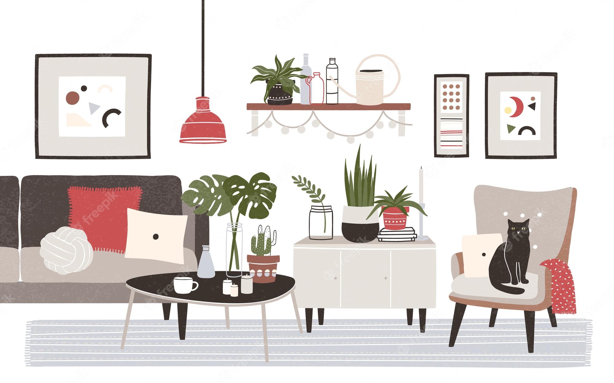 Cozy modern living room with gray sofa, armchair, plants, abstract art, red pendant lamp, and black cat on chair.