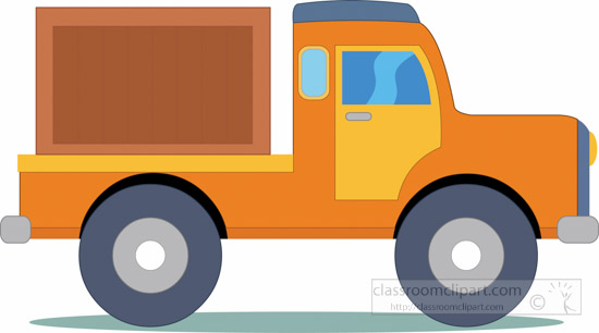 Orange cartoon pickup truck with brown cargo box and blue windows, side view on white background.